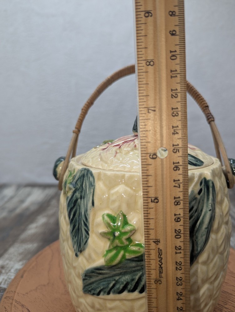 Vintage Ceramic Biscuit Jar Pineapple Pattern Wicker Handle Japanese.Nice 💙💚💛