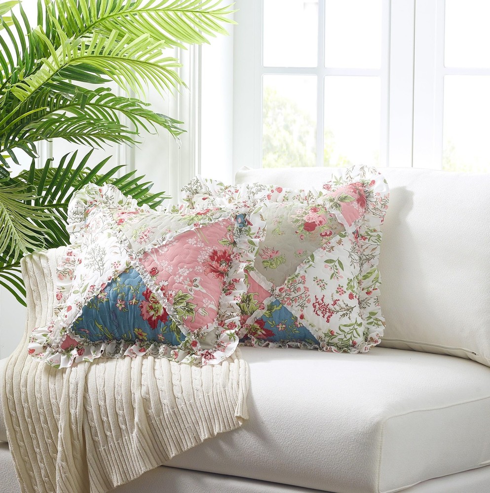 Multi Flowers Ruffle Pillowshams, Quilted Patchwork Decorative Pillow Covers ...
