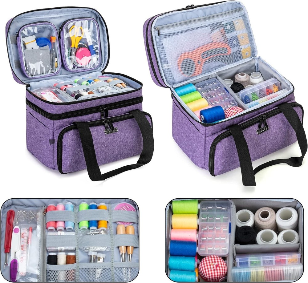 Functional Double Layer Sewing Tools Storage Bag with Clear Detachable Pouches
