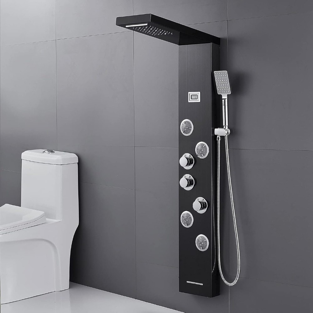 Shower Panel Tower led Black / Chrome 4 Jet, Rainfall, Handheld, 6 Function