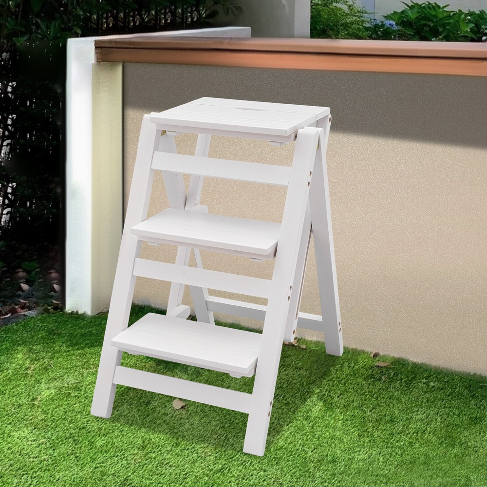 3-layer Folding Step Ladder Folding Wooden Step Stool Not Require Assembly White
