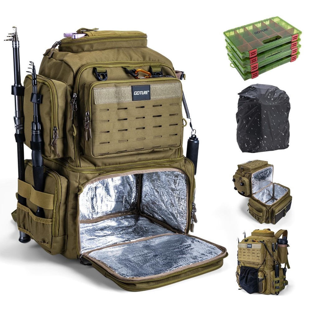 Fishing Backpack with 4 Tackle Boxes, 78L 600D Water-Resistant Tackle Backpac...