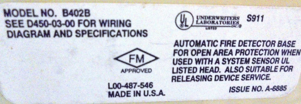 SYSTEM SENSOR SMOKE AND HEAT DETECTOR, B402B,
