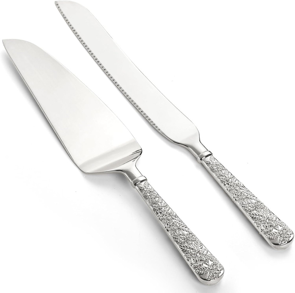 Dicunoy 2 PCS Wedding Cake Knife and Server Set, Silver Cake Cutting Set, Vintag