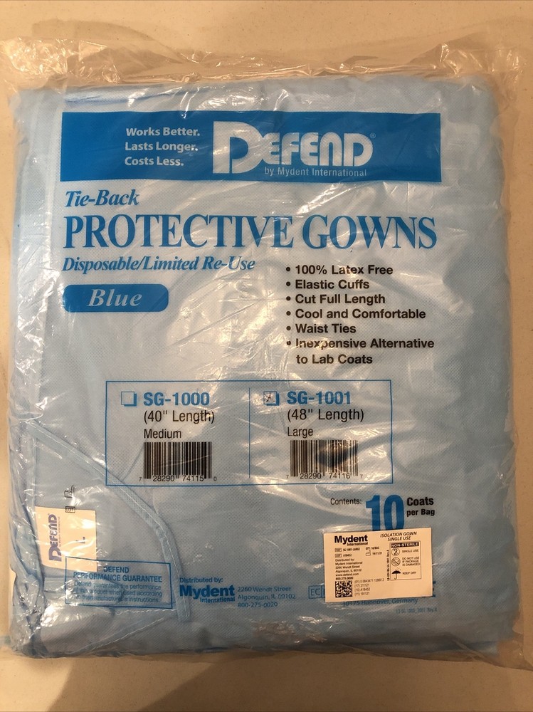 Defend Blue Disposable Protective Tie-Back Gowns - Large (48" Length) 10 PACK