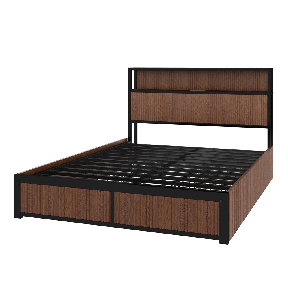 Queen Size Platform Bed Frame with 4 Drawers & Storage Headboard & USB Ports