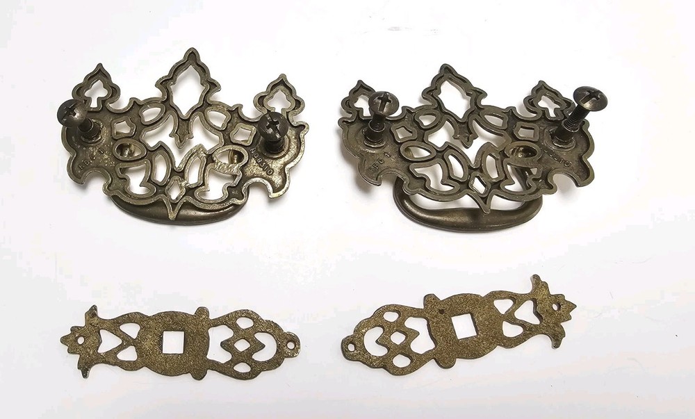 Vintage Brass Drawer Pulls & Backplates Lot + 1 Single Pull