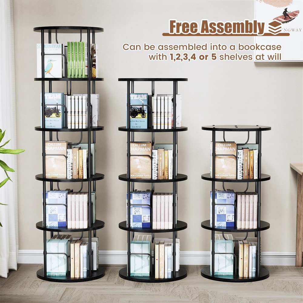5 Tier Rotating Bookshelf, 360 ° Display Stackable Spinning Bookshelf Tower, ...