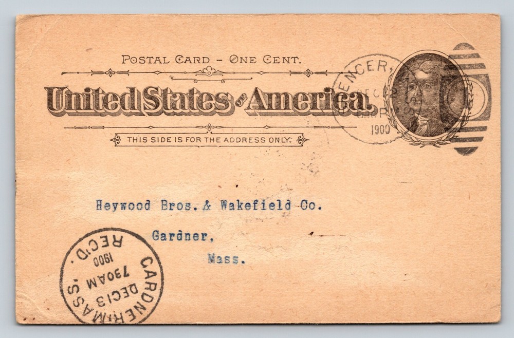 c1900 Postal Card DUPLEX Cancel ISAAC PROUTY CO Need Blank Forms For Time Clock