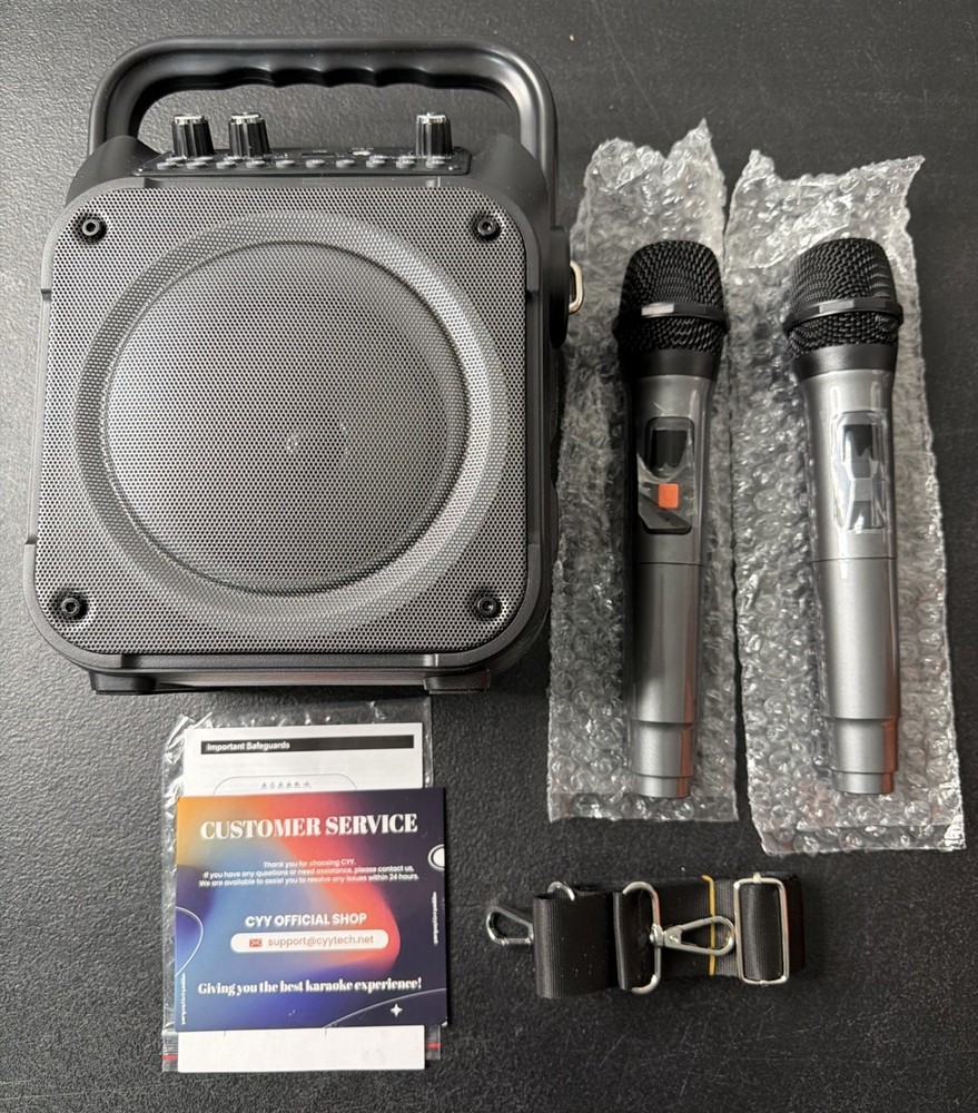 Karaoke Machine, Portable Bluetooth Speaker with 2 Wireless Microphones Black