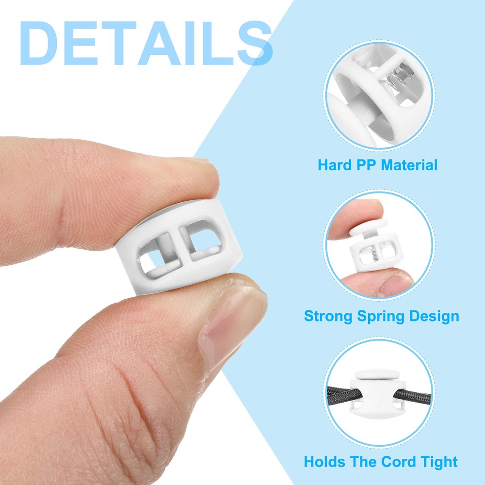 10pcs Plastic Cord Lock Double Hole Spring Cord Toggle Stopper Slider End, White