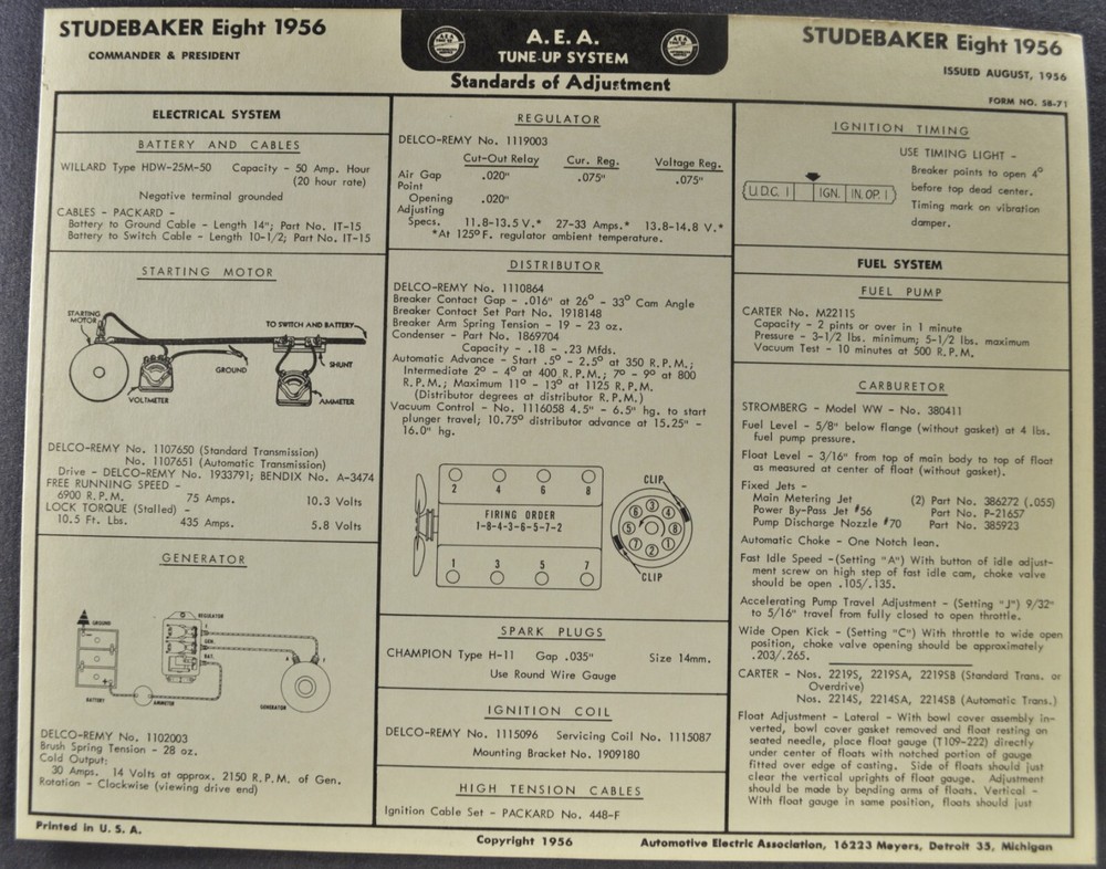 1956 Studebaker V8 Tune Up Chart Hawk President Commander Excellent Original 56