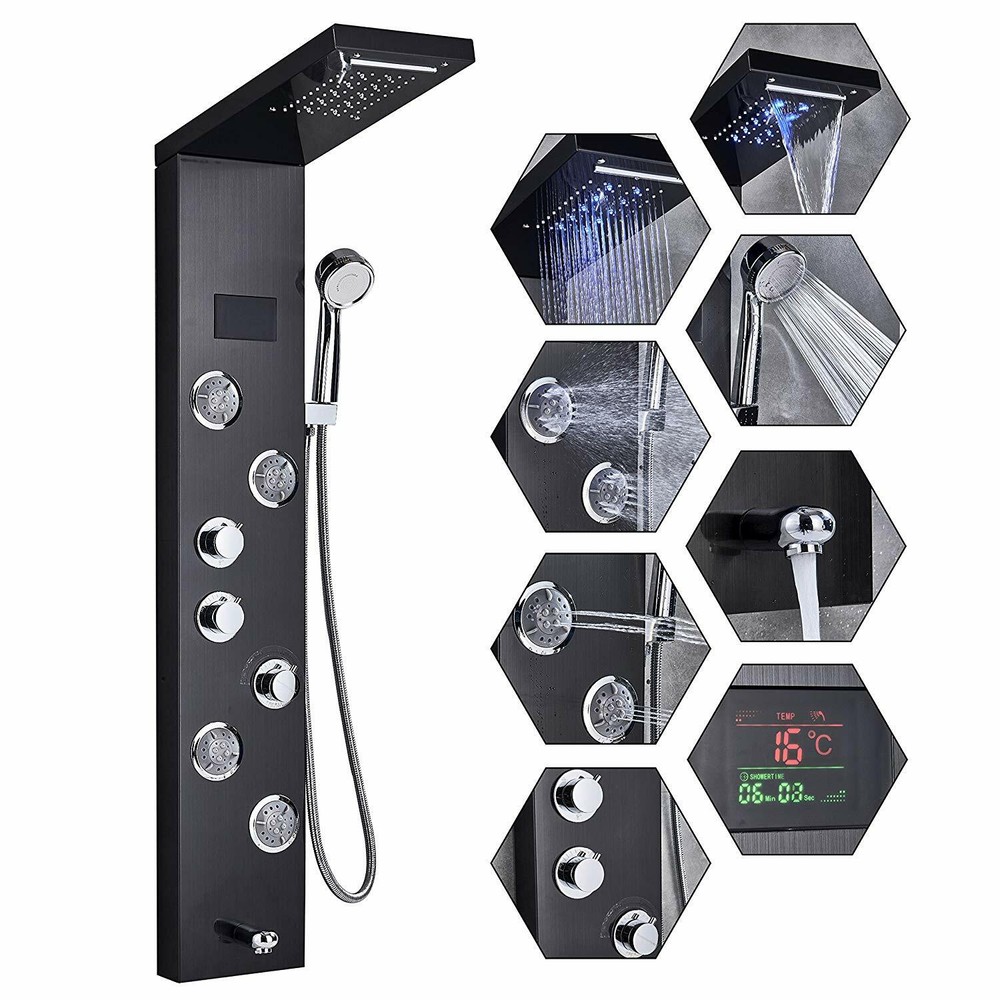 Shower Panel Tower System LED Rain&Waterfall Massage Jet Sprayer Stainless Steel