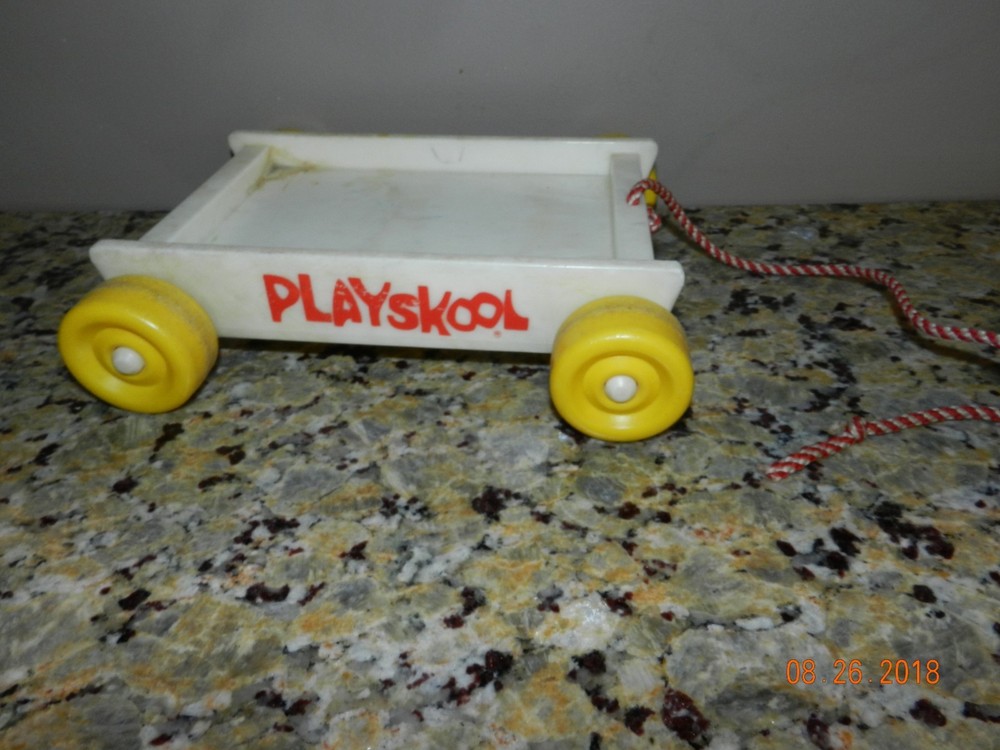 Vintage Playskool Pull Toy Wagon white yellow wheels