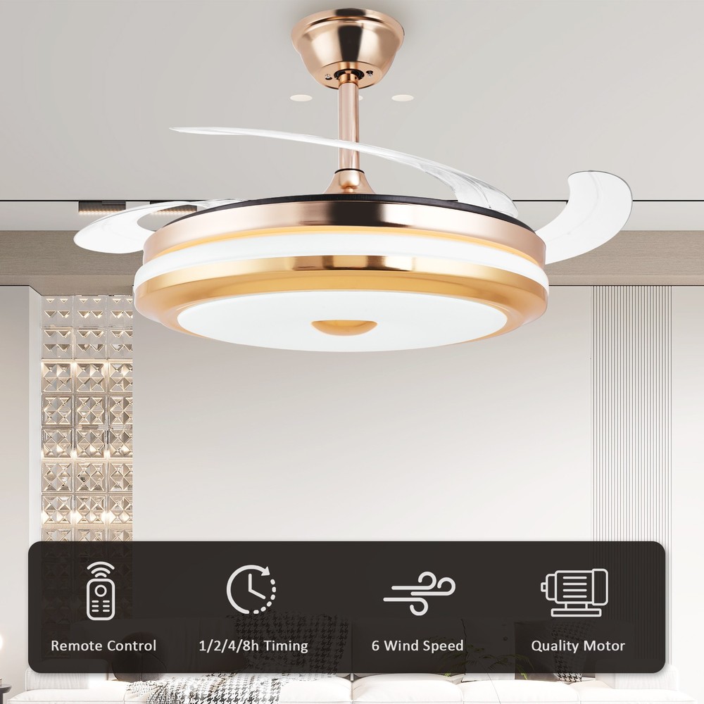 42" Retractable Invisible Ceiling Fan with LED Light with Remote