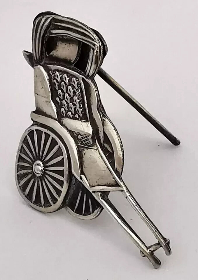 Chinese Solid Silver Menu Stand In The Form Of A Rickshaw.