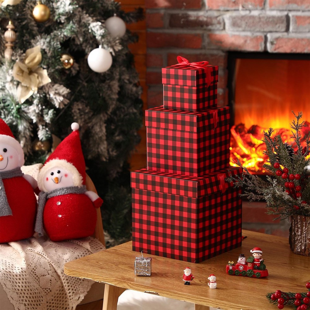 3 Pcs Christmas Nesting Gift Boxes Black Red Buffalo Plaid Stackable Boxes