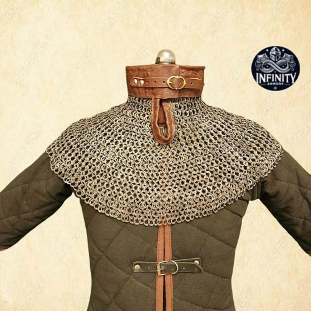 Chain mail collar , Neck protection with leather Collar, Flat riveted Chain mail