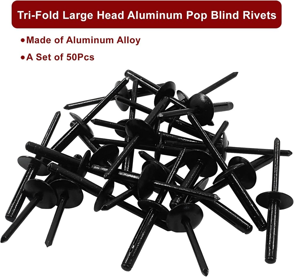 50Pcs Black Aluminum Tri-Fold Exploding Pop Rivets 3/16 Large Flange,3/16''X1''