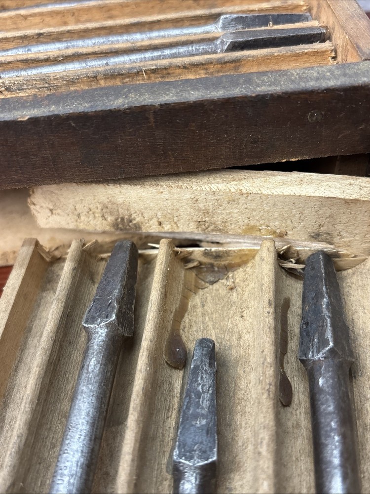 Antique Irwin Auger Drill Bit Wood Box w/ 8 auger bits
