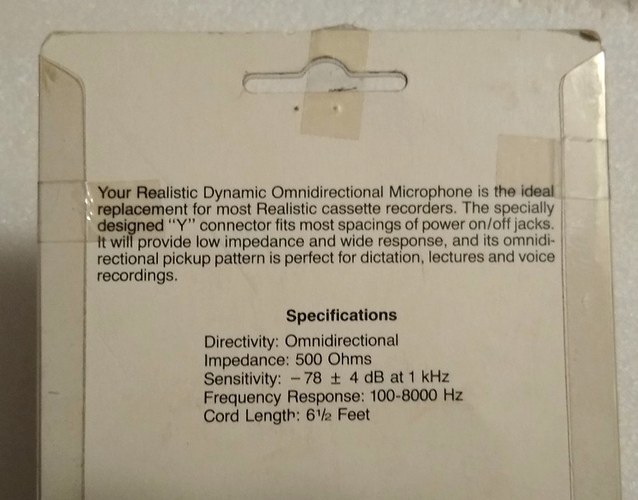Realistic 33-2001A Universal Replacement Cassette Recorder Microphone New
