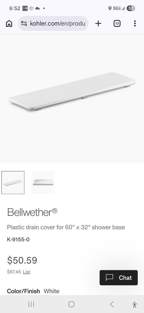 Kohler Bellwether Plastic White Drain Cover 60x32 Rectangular Shower K-9155-0