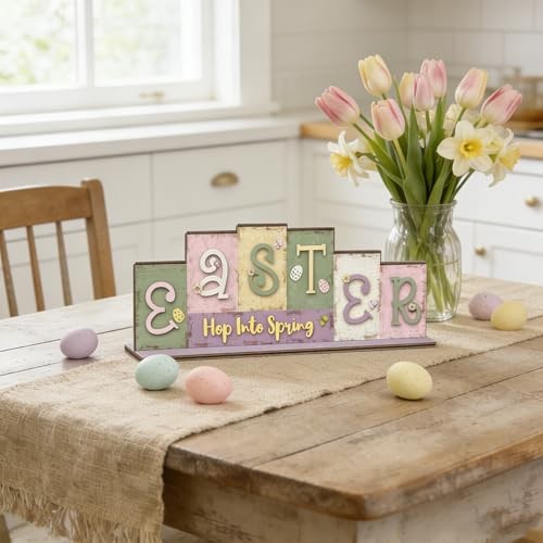 Spring Table Decor Farmhouse Easter Table Centerpiece, Reversible Wooden Pastel