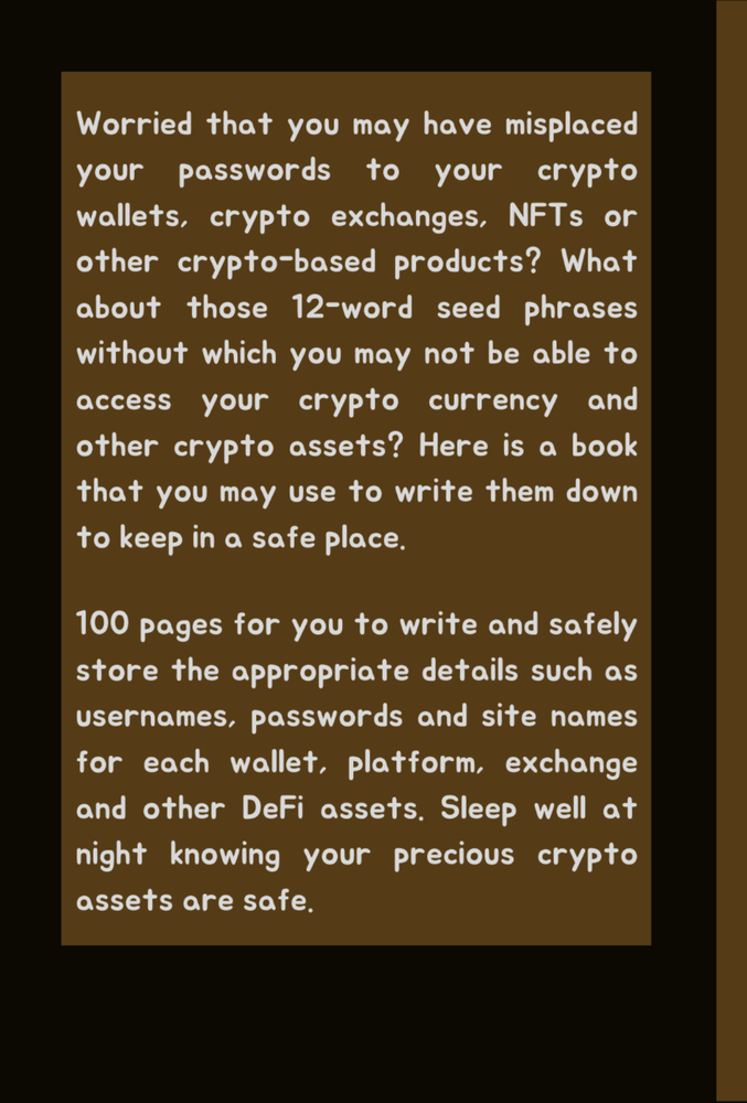 Crypto Password Keeper | Cryptocurrency Recovery Phrase | 120 pages