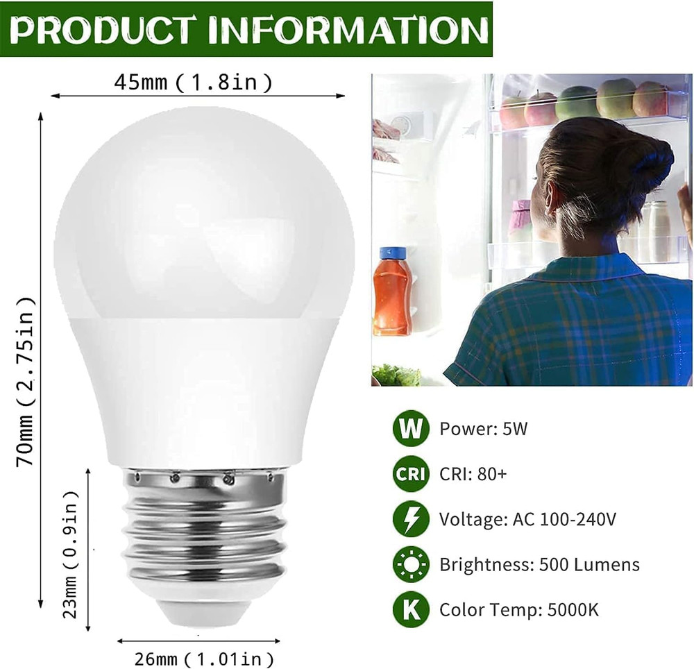 LED Refrigerator Light Bulb, 40W Equivalent LED A15 Bulb, 5W Daylight 5000K E26