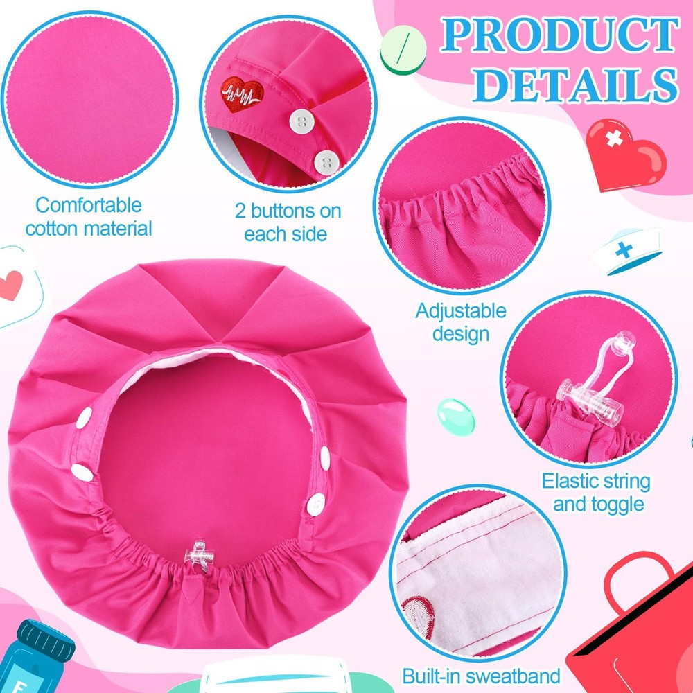 12 Pcs Bouffant Nurse Caps with Button Sweatband Adjustable Scrub Cap Elastic...