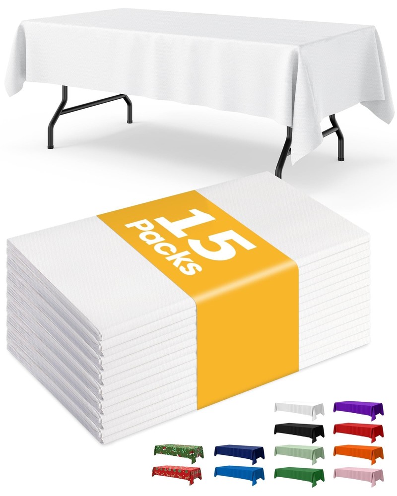 White Plastic Table Cloth Rectangle Table 15 Pack, 54''×108'' Tablecloth fo