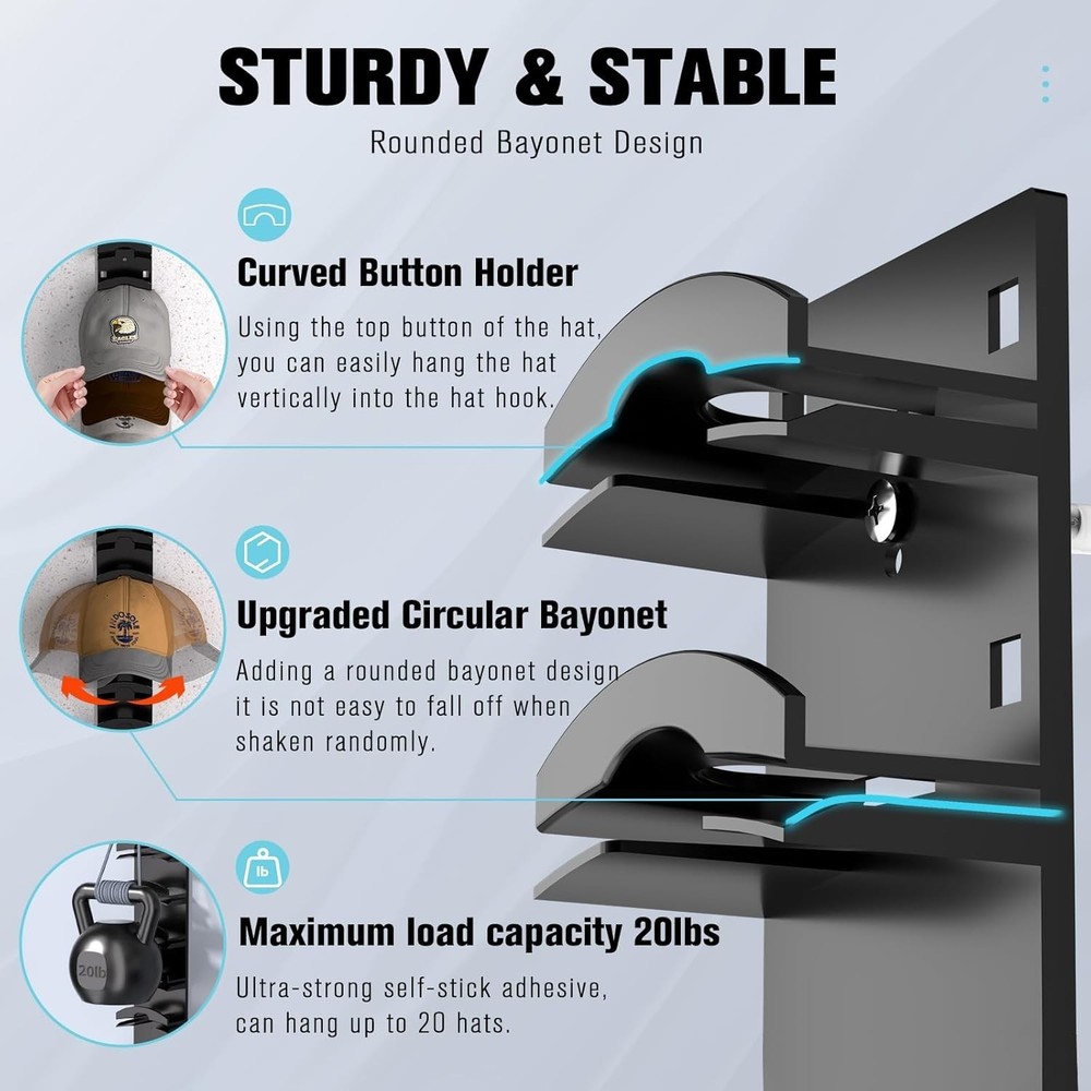 Versatile Baseball Cap Holder - 2-Pack Wall Rack with Strong Adhesive Support