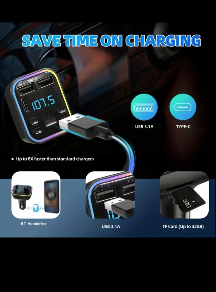 Wireless Car Mp3 Player Wireless FM Transmitter Type C USB C Fast Charging
