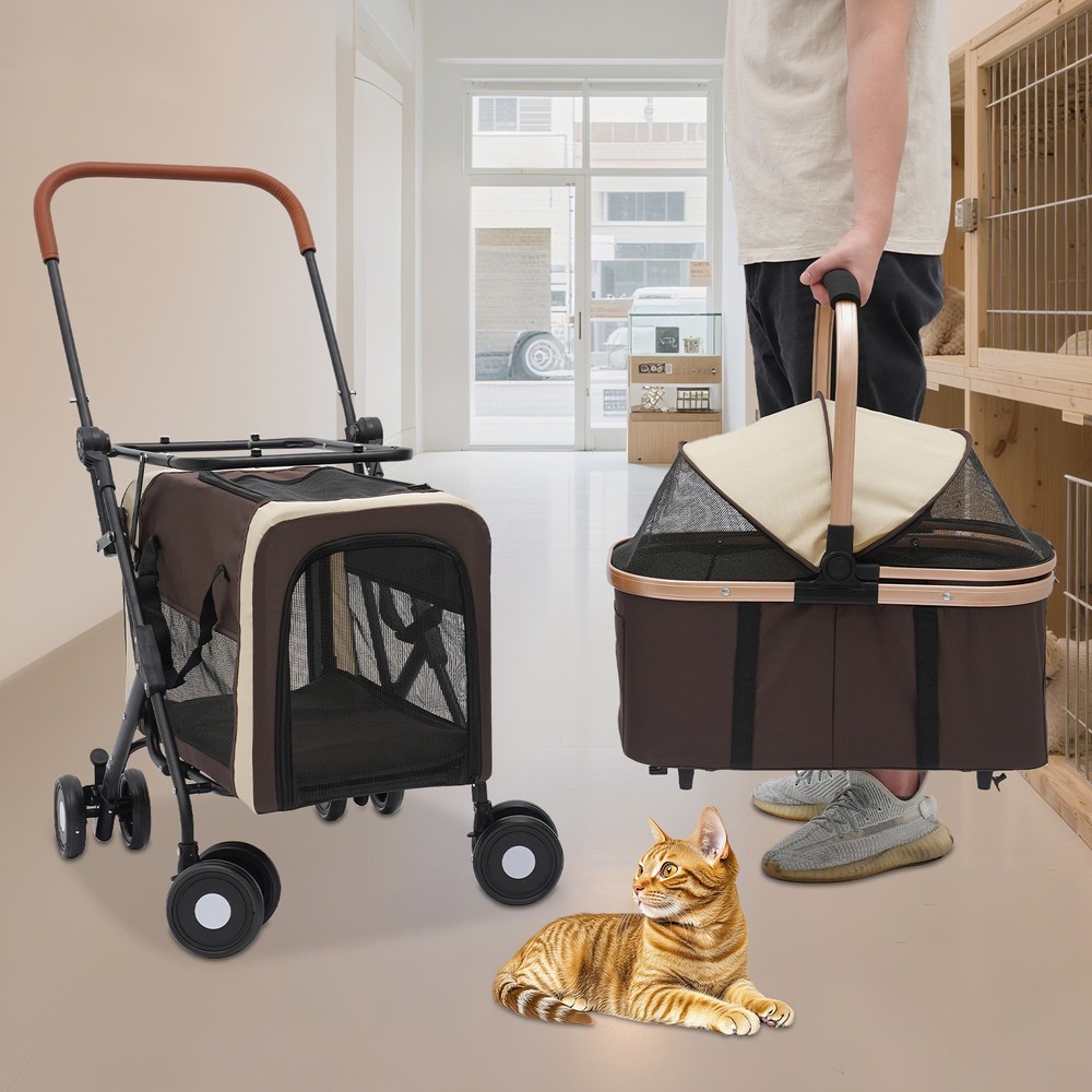 2-Tiers Cat Stroller Foldable Pet Stroller Small & Medium Dogs Stroller 77lbs