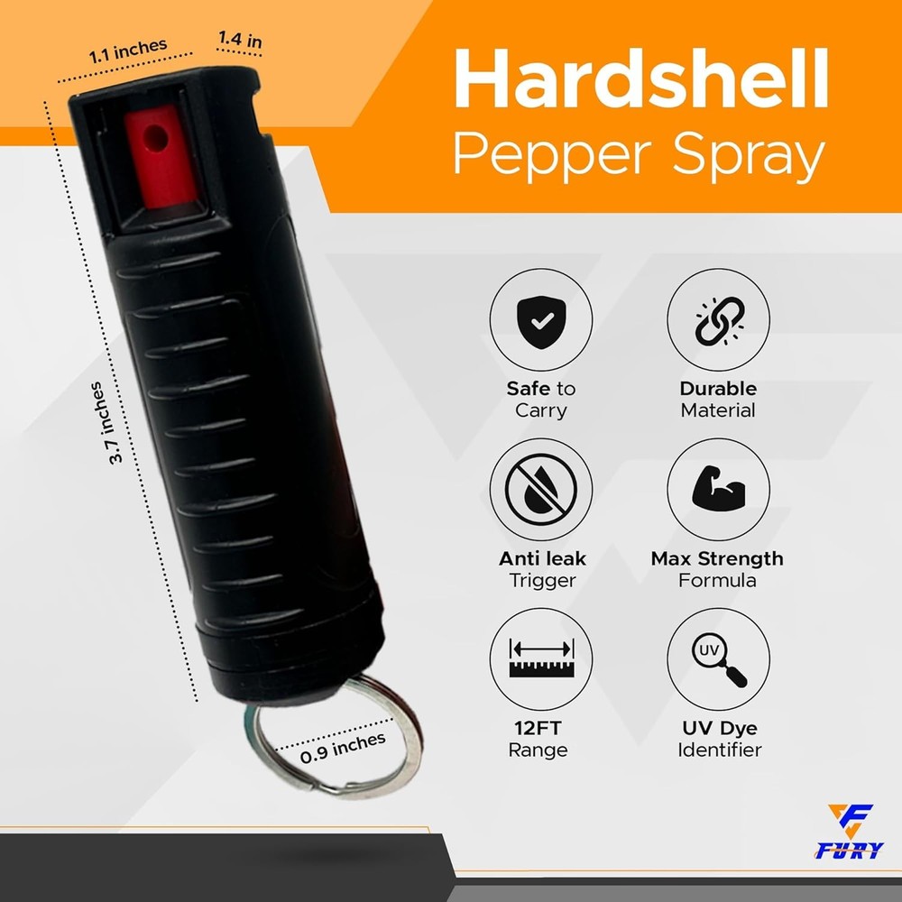 FURY Hardshell Pepper Spray - 12Ft Range, Max Strength, UV Dye Identifier, Anti-
