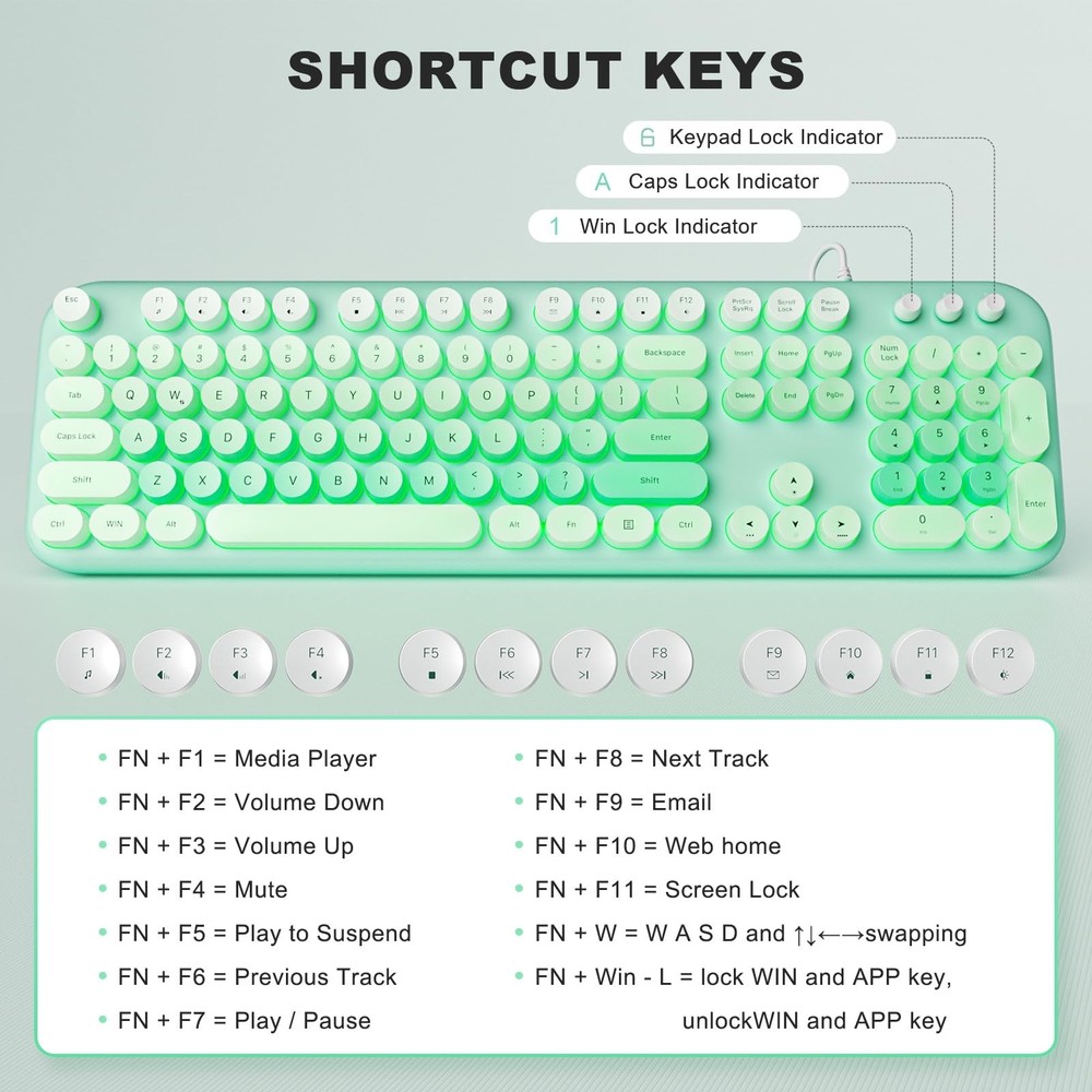 MOFII Backlit Keyboard Wired, Retro Typewriter Keyboard with Illuminated LED,...