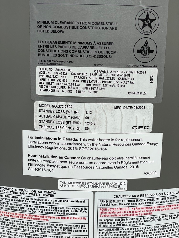 NEW Rheem Heavy Duty 72 Gallon NG Natural Gas Commercial Water Heater G72-250A