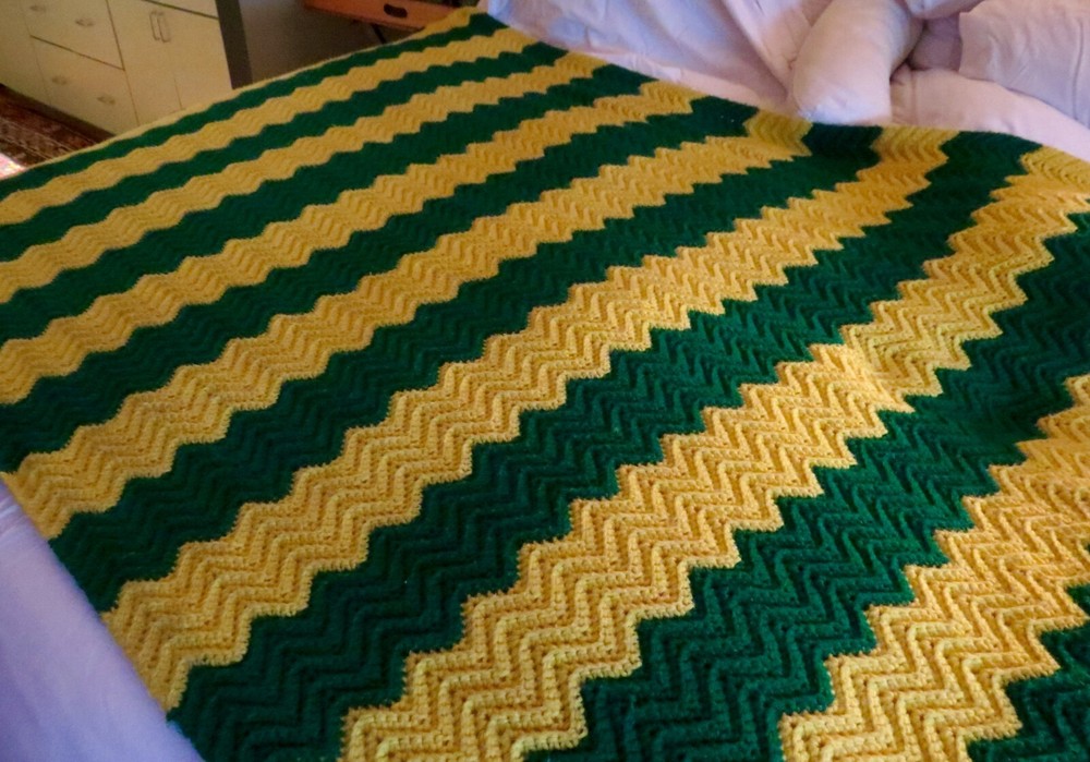 Green and Yellow Chevron Pattern Handmade Crocheted Afghan. Dimensions: 80 x 58.