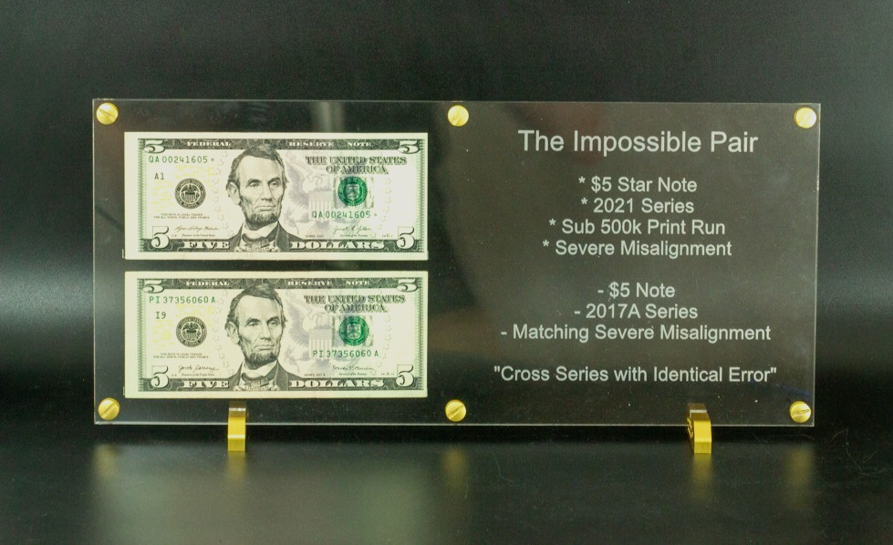 RARE $5 Error Pair – 2017A + 2021 * Low Run Star Note – Matching Misaligned