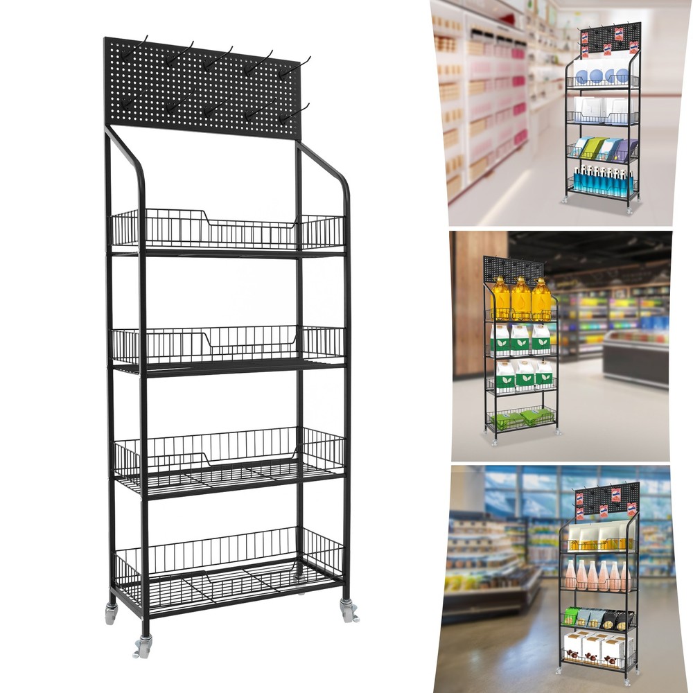 Rolling Retail Display Rack 4 Tier Black Store Merchandise Shelf Unit