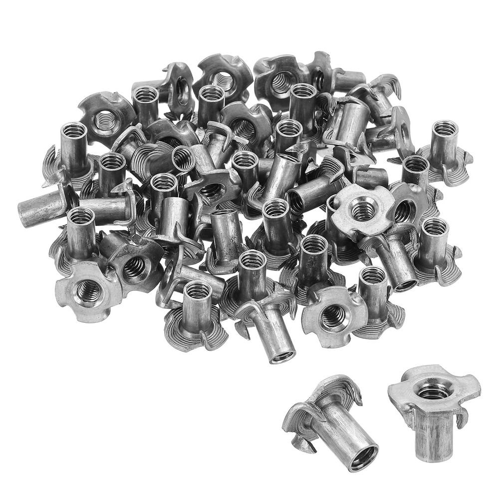 50 Pcs 1/4" x 9/16" T-Nuts 4 Pronged Tee Nuts Threaded Inserts Silver