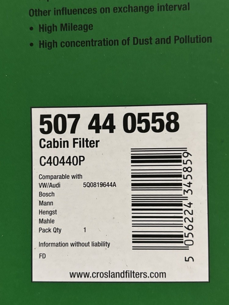 CROSLAND CABIN FILTER C40440P