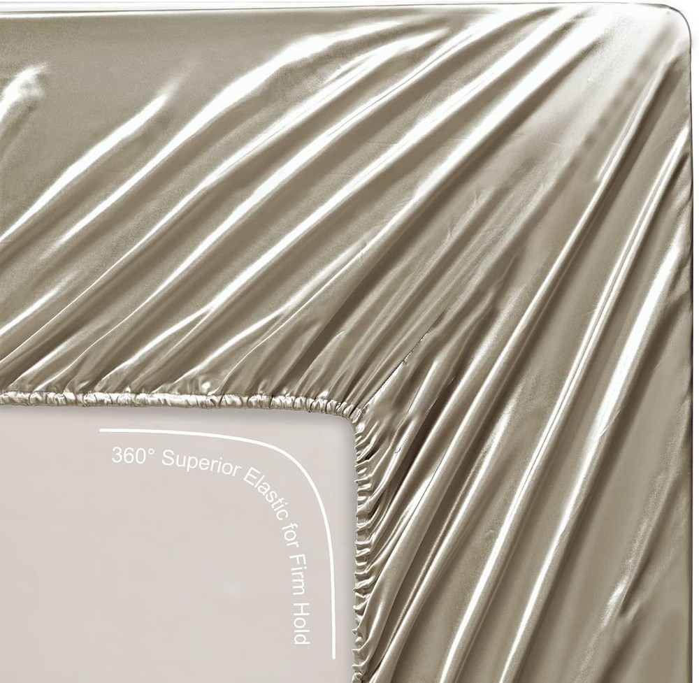 Silk Satin Sheets, Queen Size Deep Pockets, Cooling Soft Hypoallergenic - Taupe