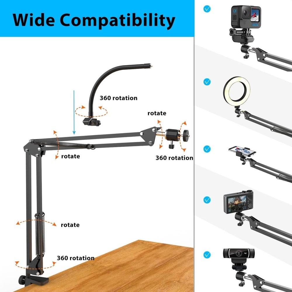 Overhead Camera Mount with 6-Inch Ring Light for iPhone Logitech Webcam