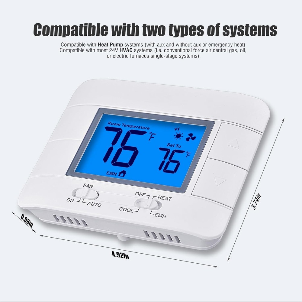 Thermostat Non Programmable Heat Pump for House Blue Backlight