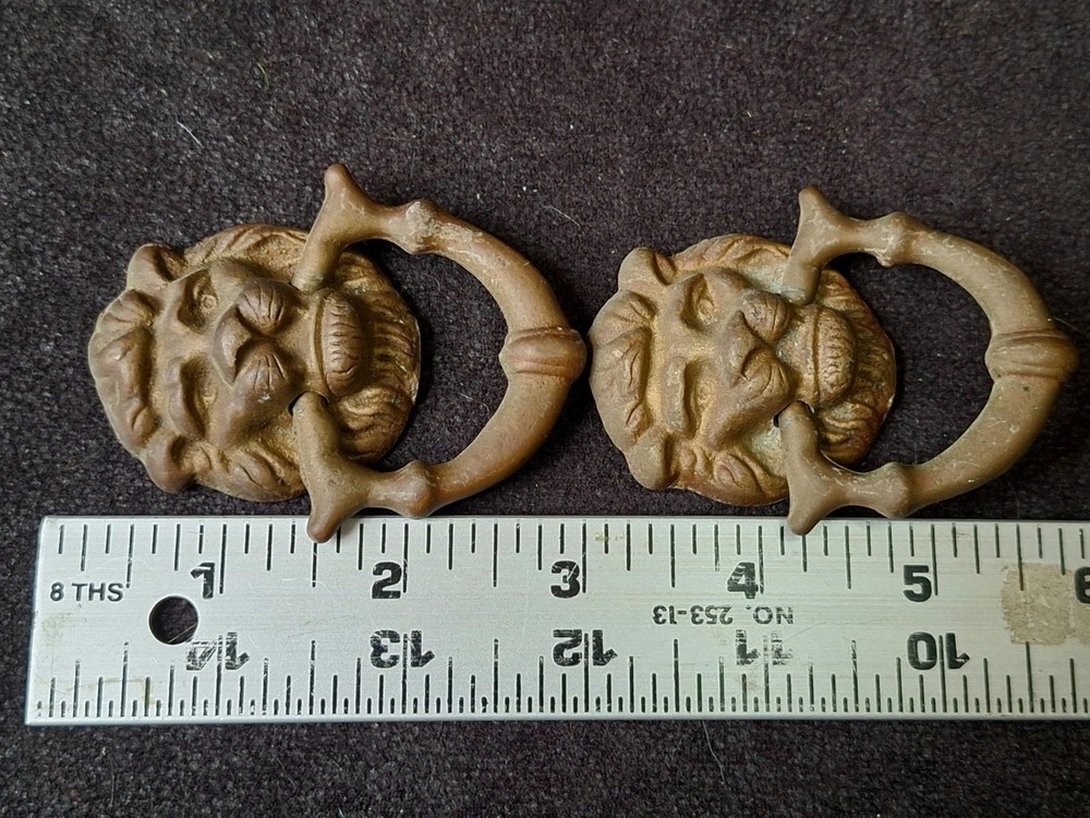 Antique Solid Brass Door Knocker Style Ring Drawer Pull with Lion's Face Pair