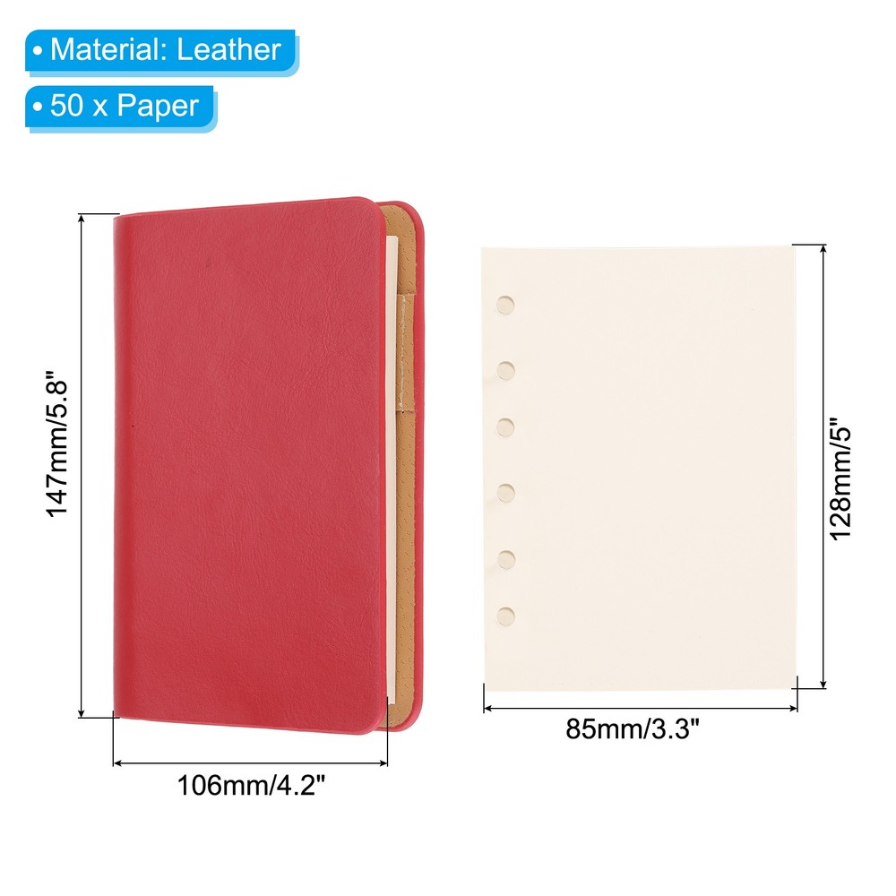 6 Ring Binder Cover 2pcs A7 Leather Notebook Binder with 100 Sheets Paper, Red