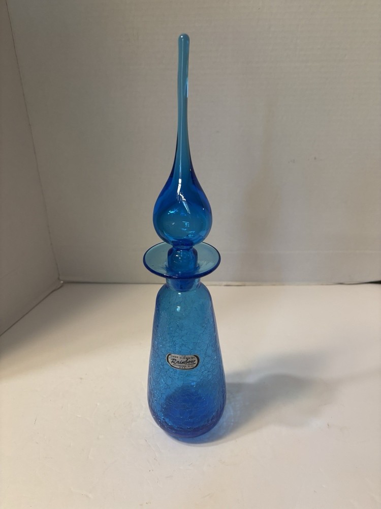RAINBOW BLUE CRACKLE GLASS DECANTER 14" TALL