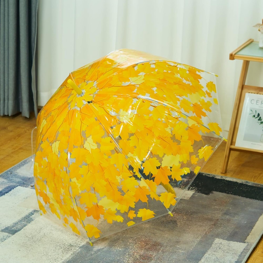 ThreeH Clear Dome Bubble Umbrella with Leaves Automatic Switch Long Handle Strai