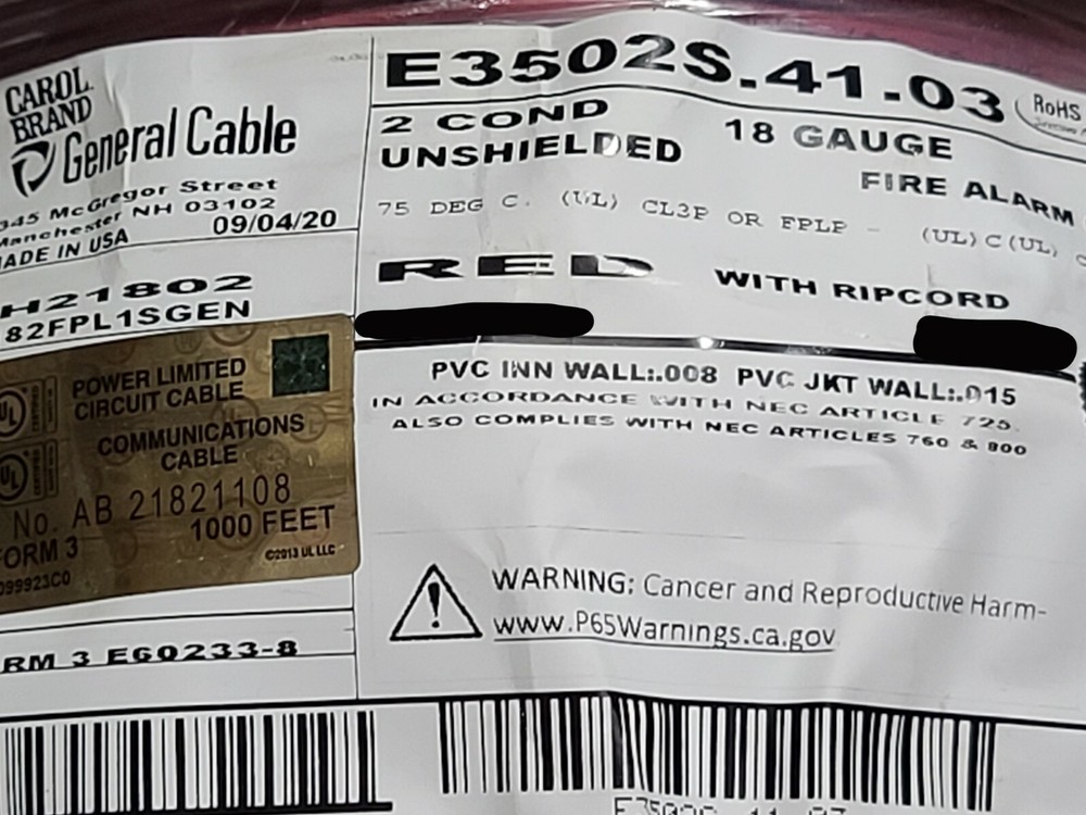 Carol E3502S 18/2C Solid Plenum Fire Alarm Wire Cable FPLP Red /100ft